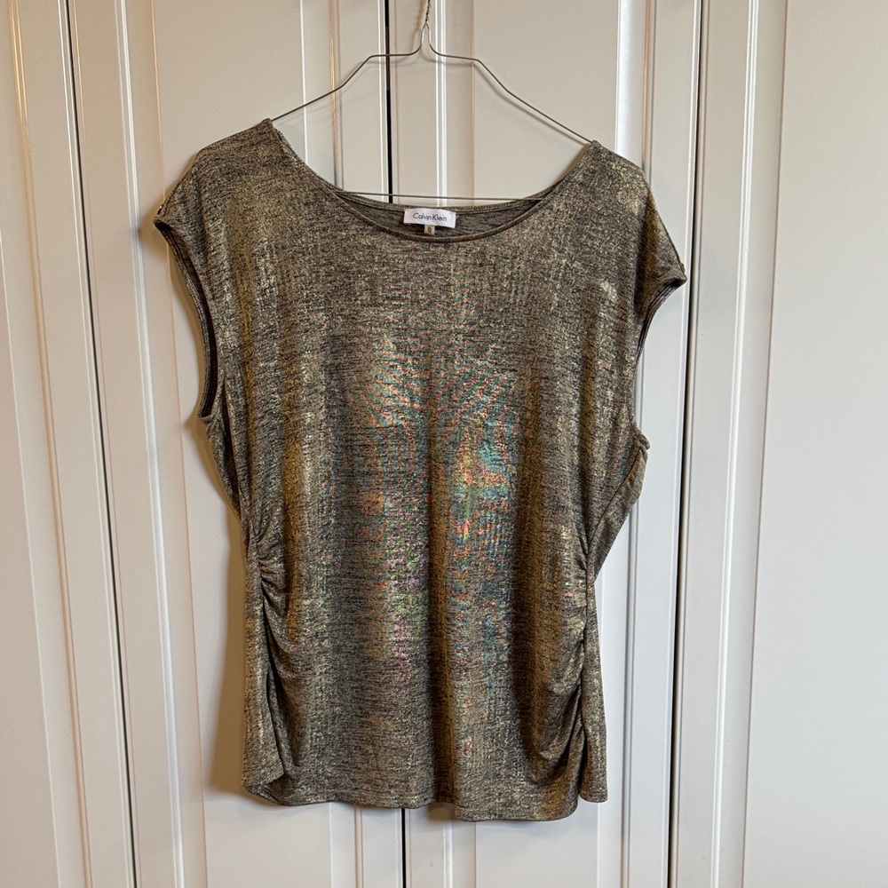 Calvin Klein Shimmery Gold Short Sleeve Drape Top